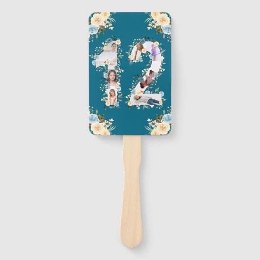 12e verjaardag Blauwgroen foto-inkuiling Bloem Gee Handwaaier (Voorkant)