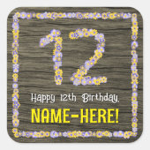 12e verjaardag: Bloemennummer, Faux Wood Look, Naa Vierkante Sticker (Voorkant)