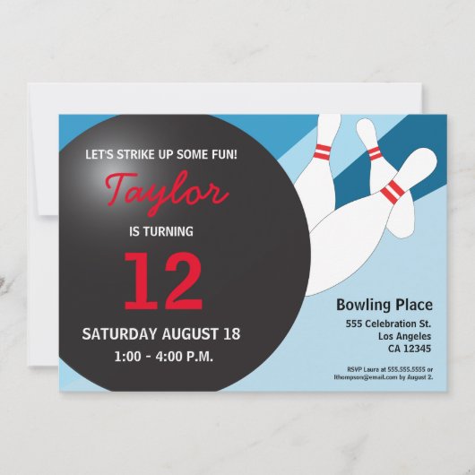 12e verjaardag bowlingpartij blauw rood wit kaart (Voorkant)
