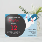 12e verjaardag bowlingpartij blauw rood wit kaart (Staand voorkant)