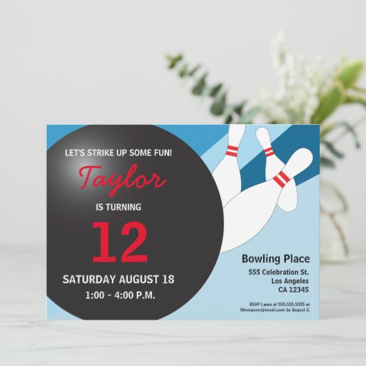 12e verjaardag bowlingpartij blauw rood wit kaart (Staand voorkant)