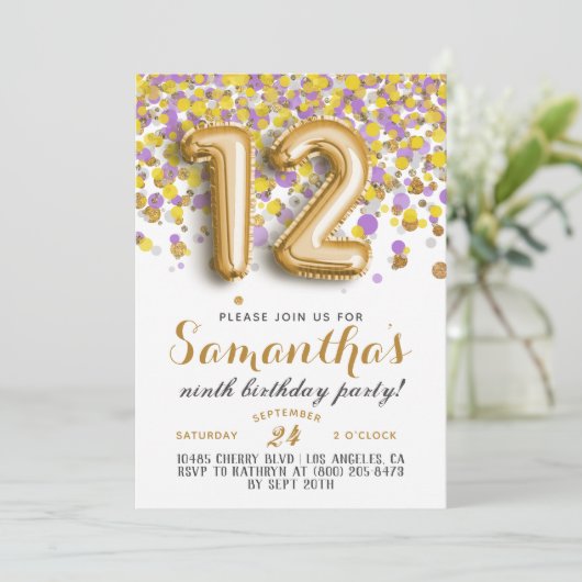 12e verjaardag Confetti Invitation Kaart (Staand voorkant)