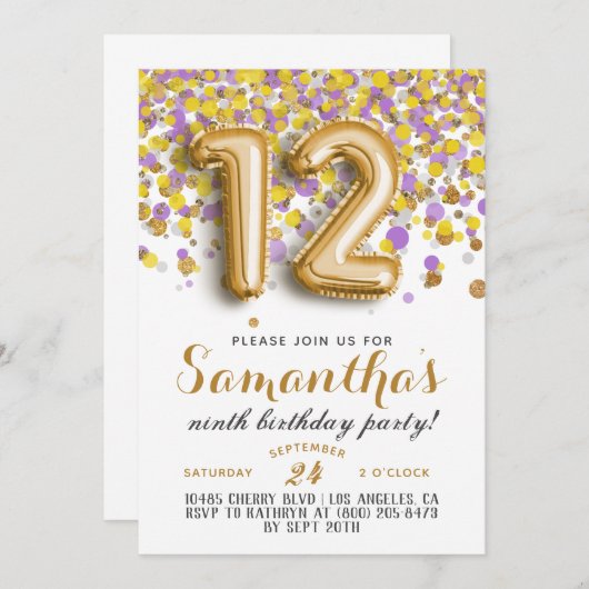 12e verjaardag Confetti Invitation Kaart (Voorkant / Achterkant)