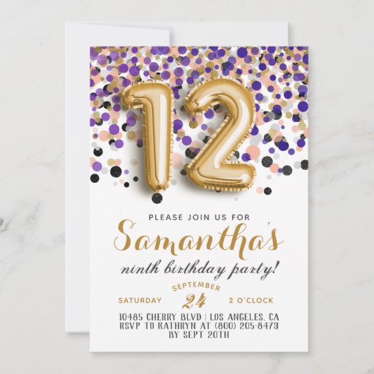 12e verjaardag Confetti Invitation Kaart (Voorkant)