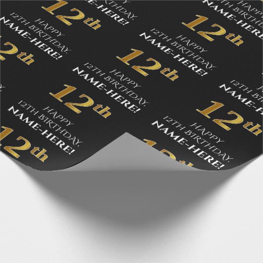 12e verjaardag: Elegant, zwart, Faux Gold look Cadeaupapier (Hoek)