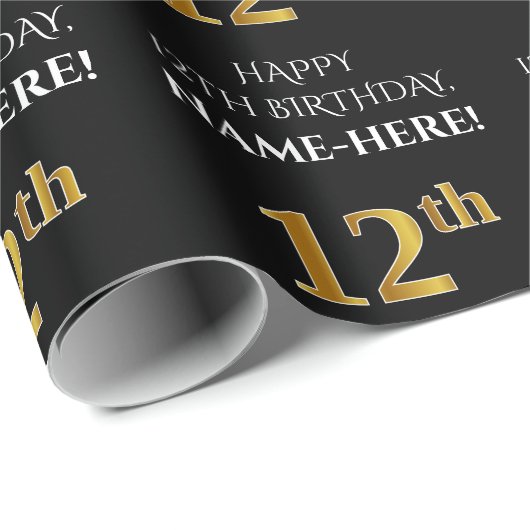 12e verjaardag: Elegant, zwart, Faux Gold look Cadeaupapier (Rol Hoek)