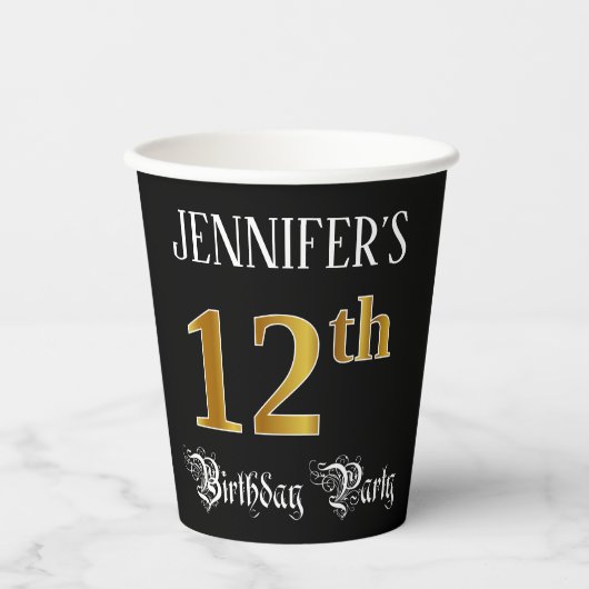 12e verjaardag — Fancy script, Faux Gold look Papieren Bekers (Voorkant)