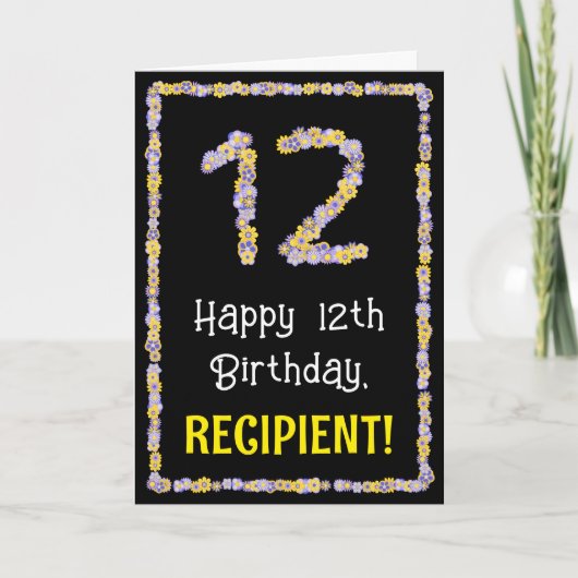 12e verjaardag: Floral Flowers Number, Custom Name Kaart (Voorkant)
