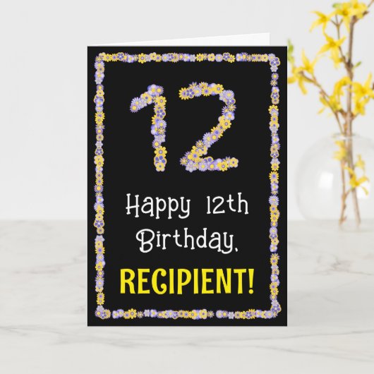 12e verjaardag: Floral Flowers Number, Custom Name Kaart (Gele Bloem)