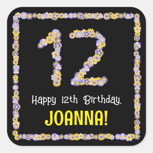 12e verjaardag: Floral Flowers Number, Custom Name Vierkante Sticker (Voorkant)