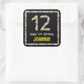 12e verjaardag: Floral Flowers Number, Custom Name Vierkante Sticker (Tas)