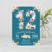 12e verjaardag Foto Blauwgroen Collage Yellow Flow Kaart (Staand voorkant)