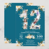 12e verjaardag Foto Blauwgroen Collage Yellow Flow Kaart (Voorkant / Achterkant)