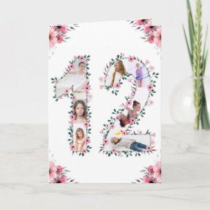 12e verjaardag Foto Collage Girl Pink Flower White Kaart
