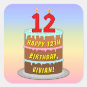 12e verjaardag: Fun Cake and Candles + Custom Name Vierkante Sticker (Voorkant)