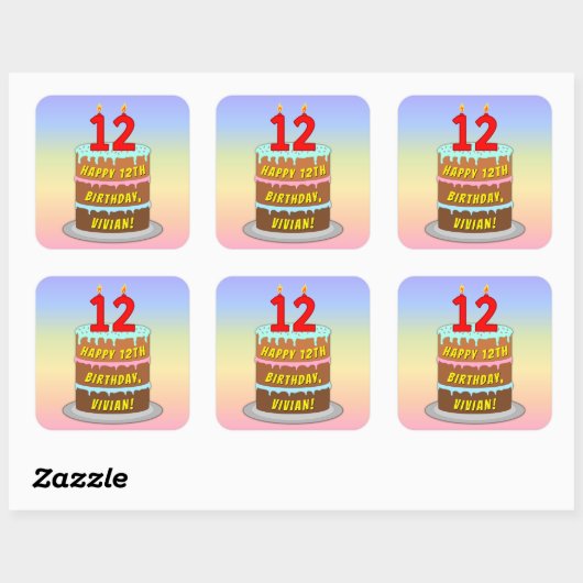 12e verjaardag: Fun Cake and Candles + Custom Name Vierkante Sticker (Vel)