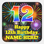12e verjaardag: Fun Fireworks Kijk, regenboog # 12 Vierkante Sticker (Voorkant)