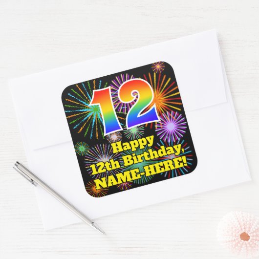 12e verjaardag: Fun Fireworks Kijk, regenboog # 12 Vierkante Sticker (Envelop)
