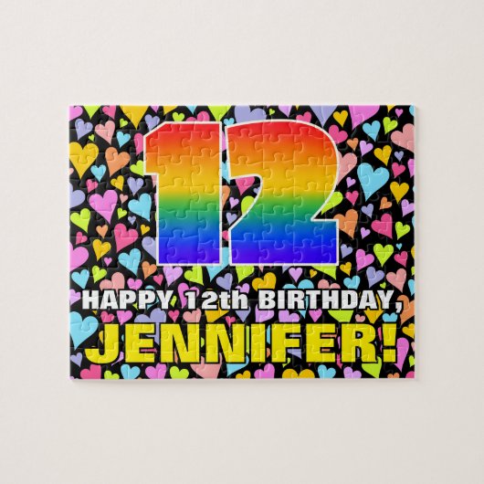 12e verjaardag — Fun, liefhebbende hartvormen + "1 Legpuzzel (Horizontaal)