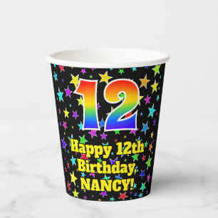 12e verjaardag: Fun Stars Pattern en Rainbow 12 Papieren Bekers