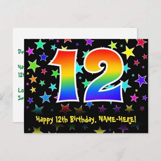 12e verjaardag: Fun sterren patroon, Regenboog 12, Briefkaart (Voorkant / Achterkant)