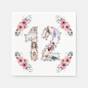 12e verjaardag Girl Flower Photo Collage White Servet