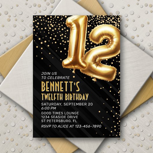12e verjaardag Gold Black Invitation Kaart