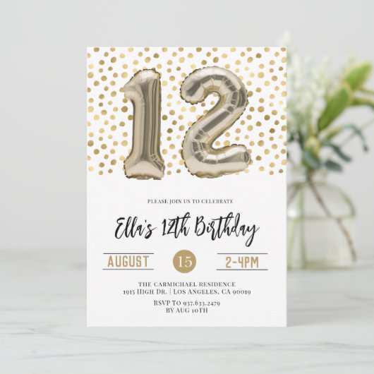 12e verjaardag gouden polkadot uitnodiging (Staand voorkant)