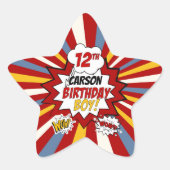 12e Verjaardag Jongen Superheld Comic met Naam Ster Sticker (Voorkant)