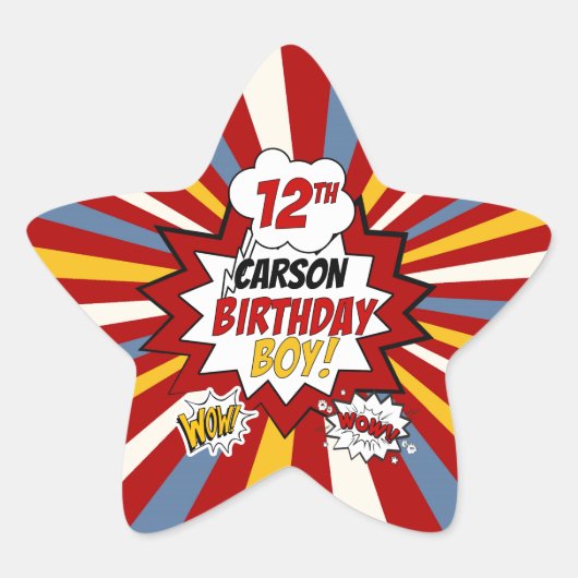 12e Verjaardag Jongen Superheld Comic met Naam Ster Sticker (Voorkant)