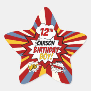 12e Verjaardag Jongen Superheld Comic met Naam Ster Sticker