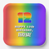 12e verjaardag: kleurrijk, vun regenboogpatroon # papieren bordje (Voorkant)