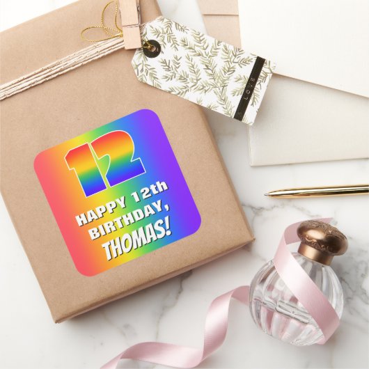 12e verjaardag: kleurrijk, vun regenboogpatroon #  vierkante sticker (Geschenken)