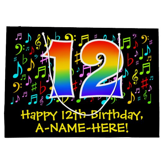 12e verjaardag - Kleurrijke muzieksymbolen, Regenb Groot Cadeauzakje (Achterkant)