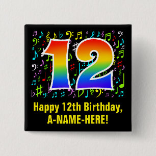 12e verjaardag: Kleurrijke muzieksymbolen, regenbo Vierkante Button 5,1 Cm