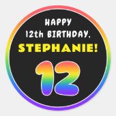 12e verjaardag: kleurrijke regenboog # 12, Naam va Ronde Sticker (Voorkant)