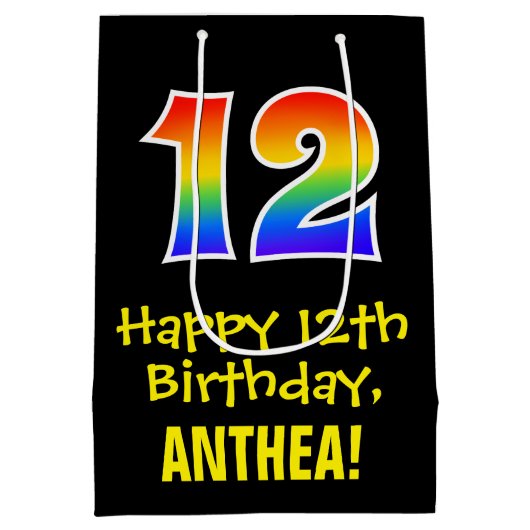 12e verjaardag: Leuk, Vet, Kleurrijk, Regenboog "1 Medium Cadeauzakje (Achterkant)