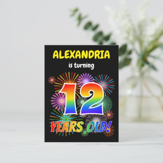 12e verjaardag - Leuk vuurwerk, Regenboog look "12 Briefkaart (Staand voorkant)