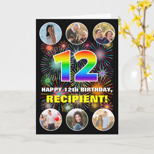 12e verjaardag: Leuke regenboog #, aangepaste naam Kaart (Gele Bloem)