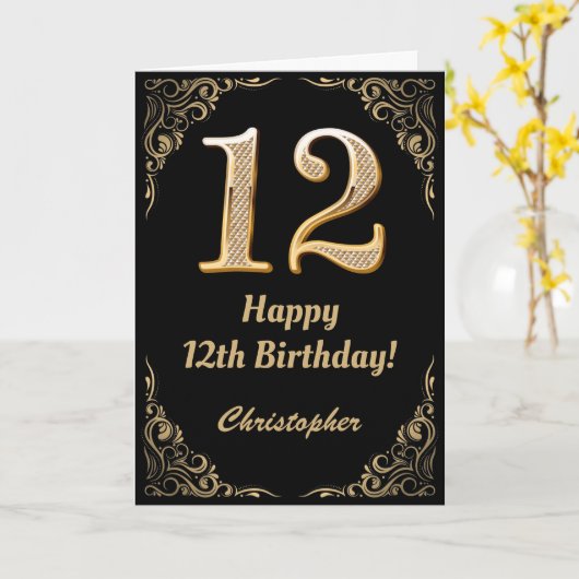 12e verjaardag Lijst zwarte en goudglitter Kaart (Gele Bloem)