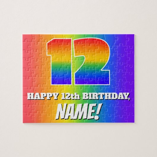 12e verjaardag — Meerkleurig regenboogpatroon "12" Legpuzzel (Horizontaal)