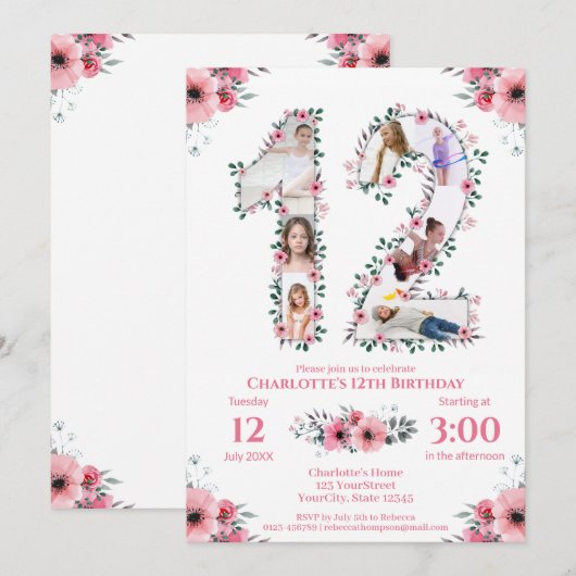 12e verjaardag meisje Foto collage roze ventilator Kaart (Voorkant / Achterkant)