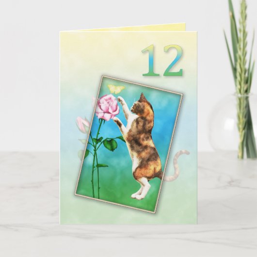 12e verjaardag met een speelse kat kaart (Voorkant)
