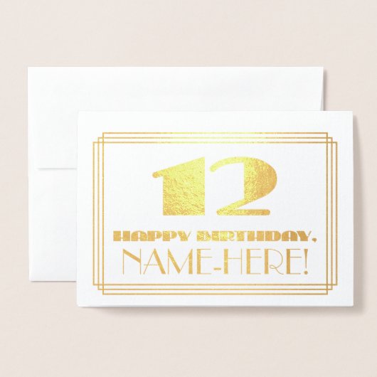 12e verjaardag; naam + Art Deco geïnspireerd look  Folie Kaarten (Voorkant met envelop)