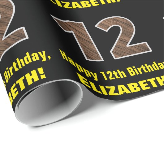 12e verjaardag: Naam & Faux Houtgrijnpatroon "12" Cadeaupapier (Rol Hoek)