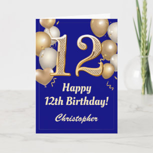12e verjaardag Navy Blue en Gold Balloons Confetti Kaart