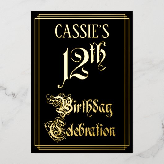12e verjaardag Partij — Fancy Manuscript & Naam va Folie Uitnodiging (Voorkant)