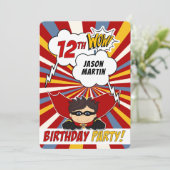 12e verjaardag Party Superhero Red Comic voor jong Kaart (Staand voorkant)