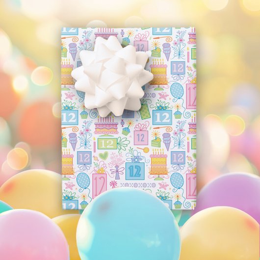 12e verjaardag Pastel Roze Cake Cadeaus Ballons Inpakpapier Vel