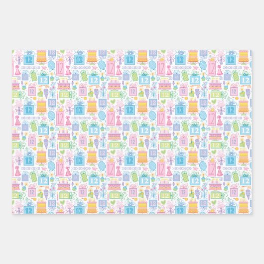 12e verjaardag Pastel Roze Cake Cadeaus Ballons Inpakpapier Vel (Voorkant 2)